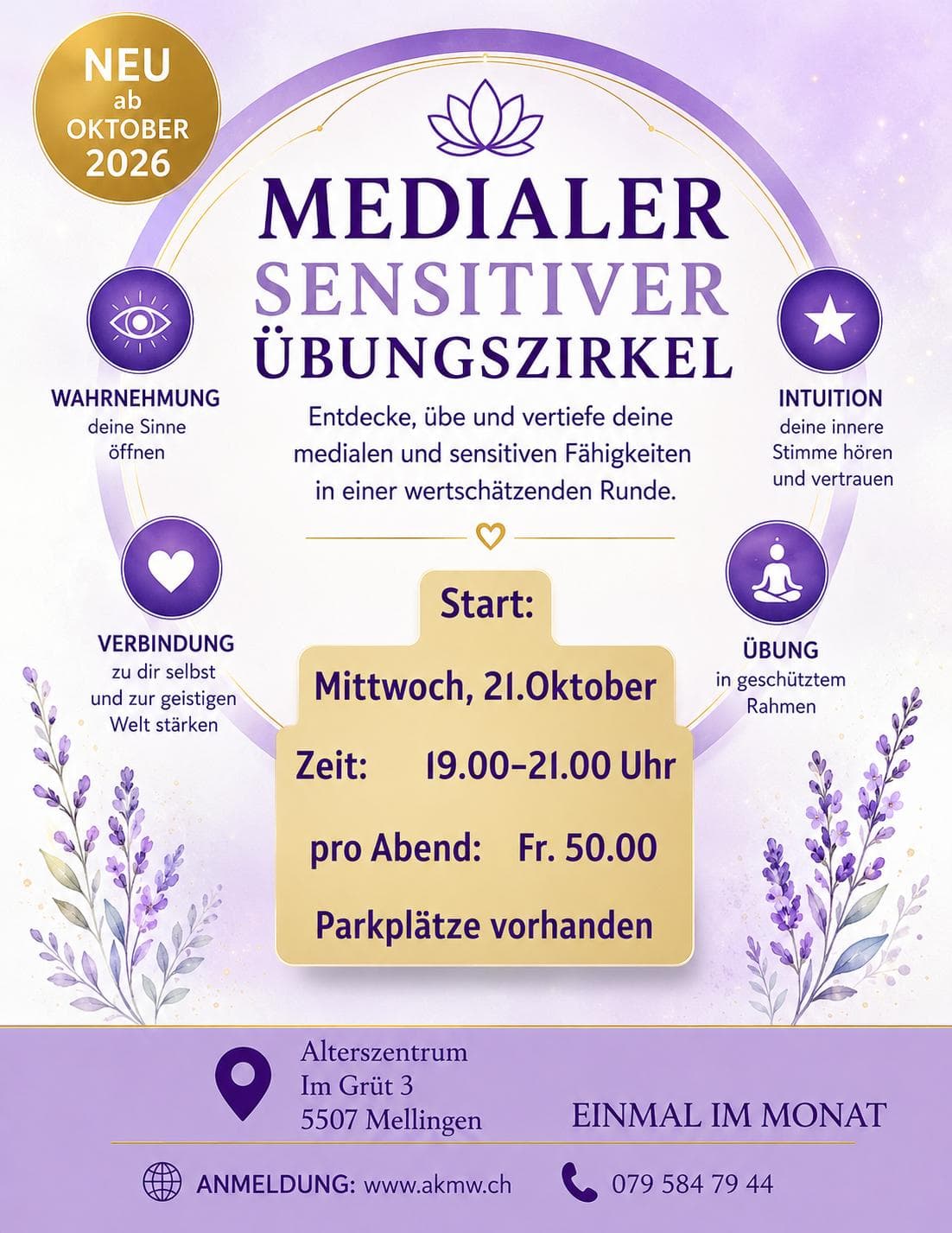 Flyer: Medialer sensitiver Übungszirkel, 19.00–21.00 Uhr, Fr. 50.– pro Abend