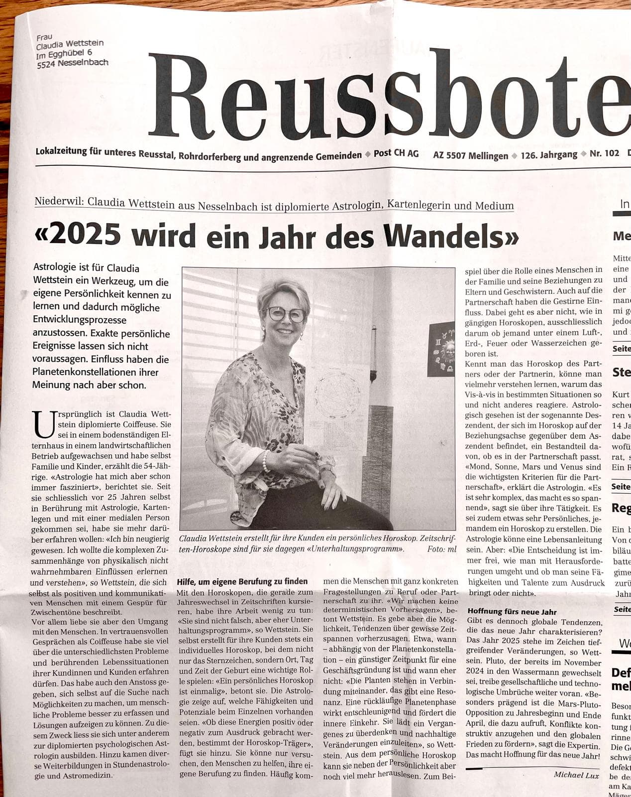 Zeitungsartikel im Reussbote: «2025 wird ein Jahr des Wandels» mit Foto von Claudia Wettstein